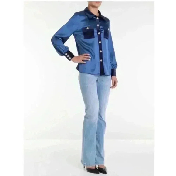 Edward Achour Paris Satin Button Up Shirt 44 Blouse Patch Pocket Metallic Button - Picture 3 of 10